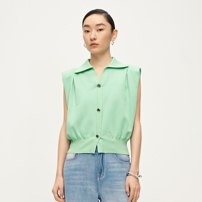 Dekashell/迪卡轩2025年夏季新款高级感无袖翻领薄款针织衫女上衣