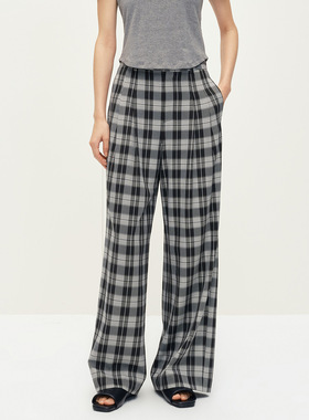 Dekashell/迪卡轩2025夏季新款阔腿裤简约黑白格裤子女