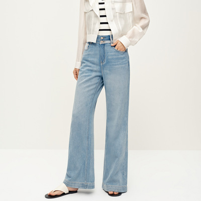 Dekashell/迪卡轩2025夏季新款宽松高腰直筒牛仔裤女小个子女裤子