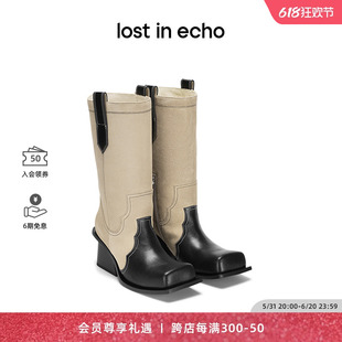 echo设计师品牌显瘦增高翘方头宽筒粗跟拼色牛仔中筒靴女 lost