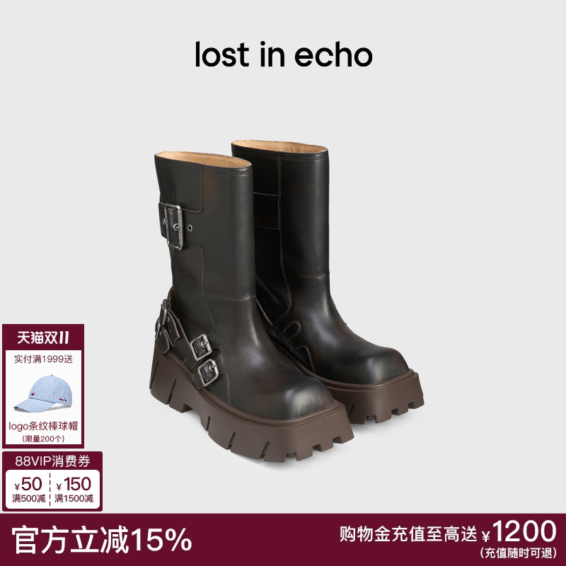 lostinecho方头宽筒厚底机车靴
