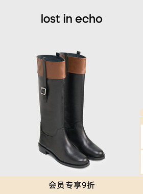 关晓彤同款lost in echo2025冬季新款厚底圆头牛皮直筒显瘦骑士靴