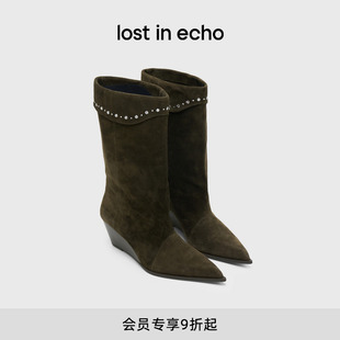 新款 李一桐同款 echo2025冬季 波西米亚堆褶显瘦烫钻西部靴 lost