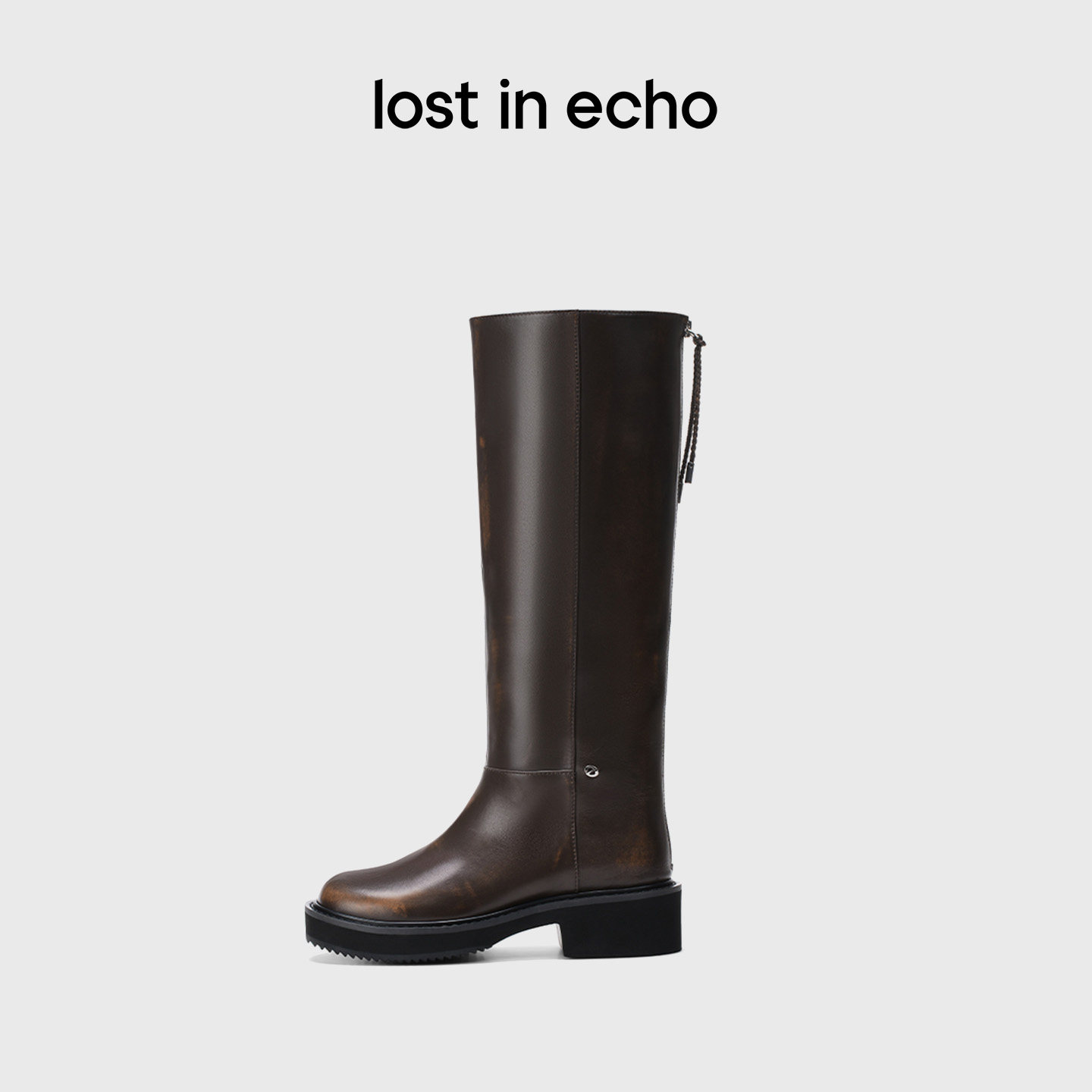 lostinecho圆头牛皮高筒骑士靴										