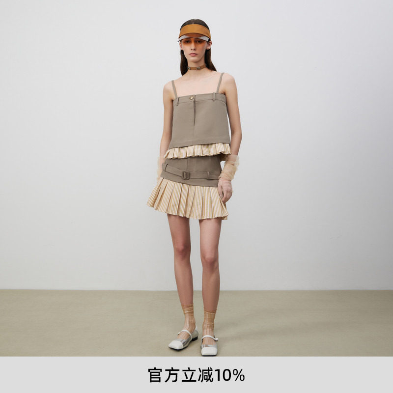 lost in echo春夏时尚条纹短款A字百褶吊带背心上衣半身