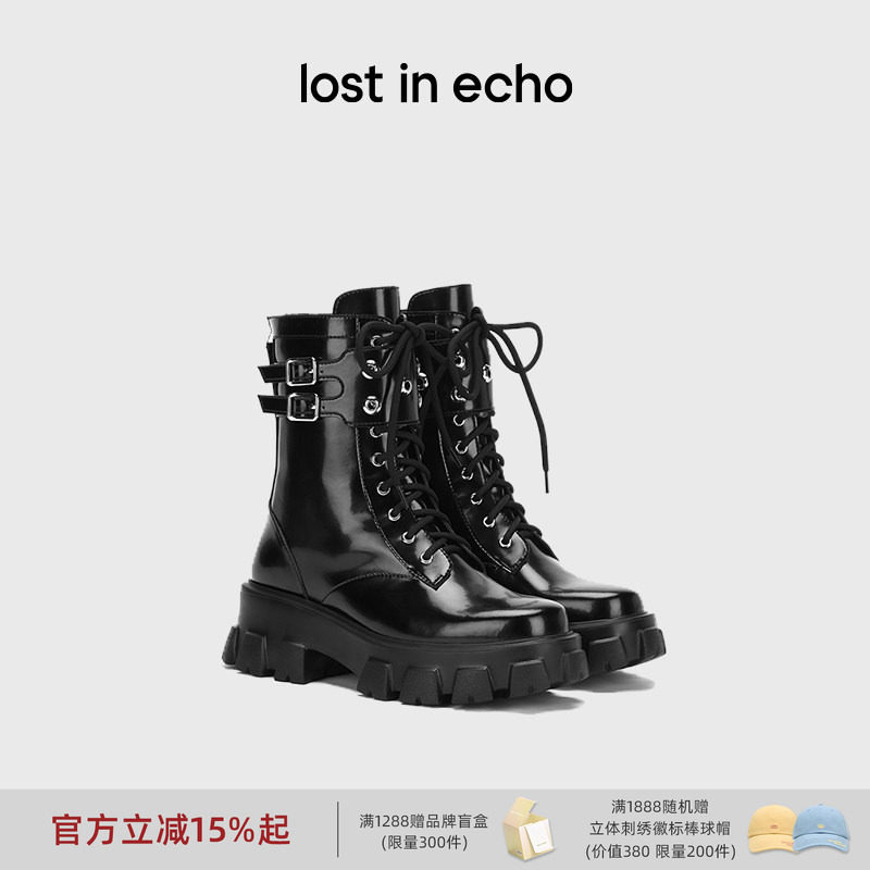 关晓彤同款lost in echo机能风轻便真皮气眼厚底增高短靴马丁靴女