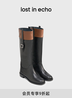关晓彤同款lost in echo2025冬季新款厚底圆头牛皮直筒显瘦骑士靴