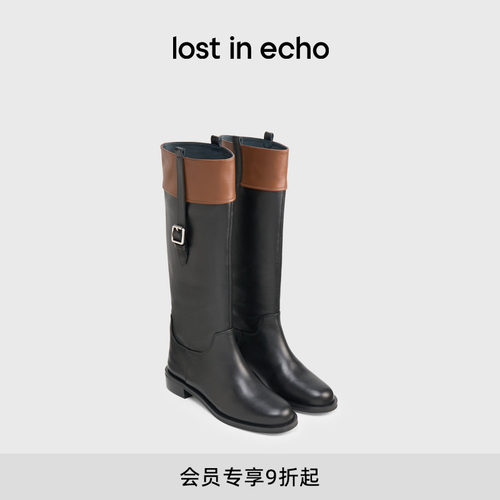 lostinecho圆头牛皮直筒骑士靴