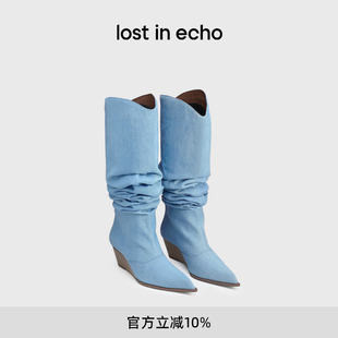 echo巴恩风尖头宽筒一脚蹬高跟牛仔堆堆靴时装 靴 lost 倪妮同款