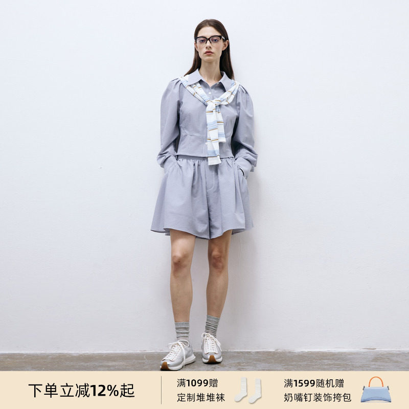 lost in echo春秋泡泡袖收腰显瘦时尚条纹短衬衫荷叶短款