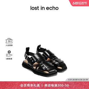 echo设计师品牌方头铆钉平底编织罗马凉鞋 包头黑色鞋 lost 子女