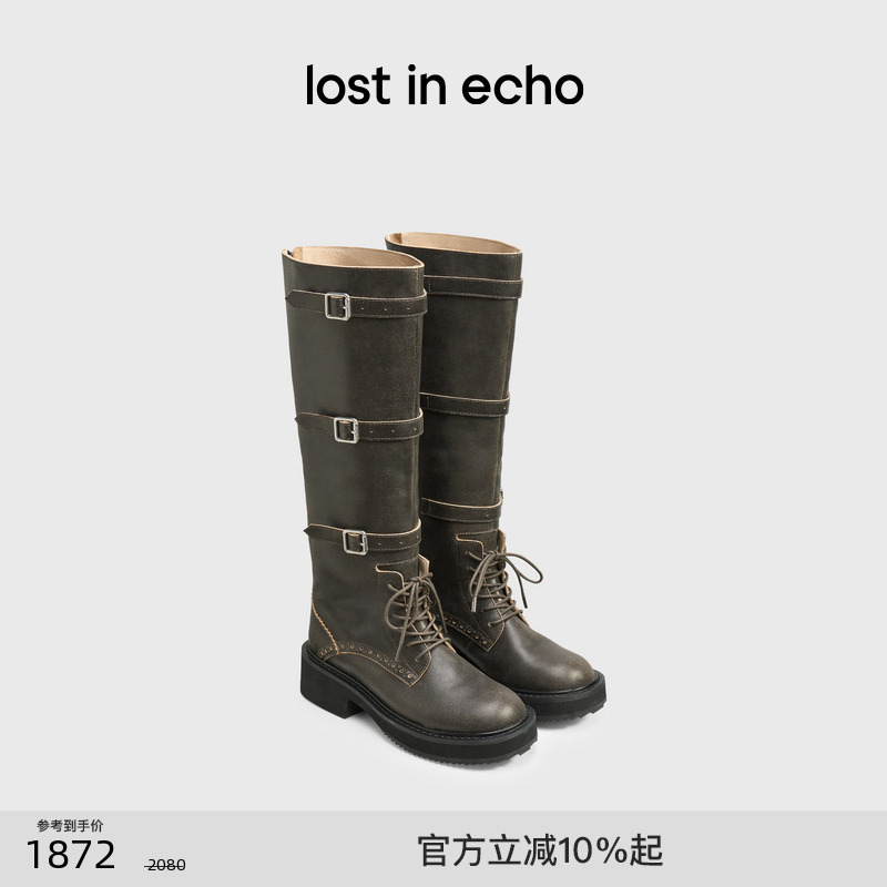 lostinecho扣饰绑带高筒骑士靴