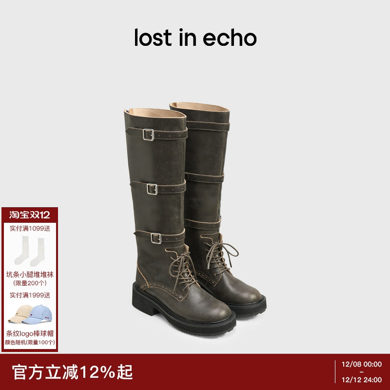 lostinecho扣饰绑带高筒骑士靴