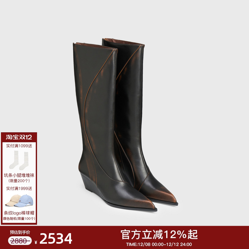 修长尖头高筒长靴 线条分割个性坡跟