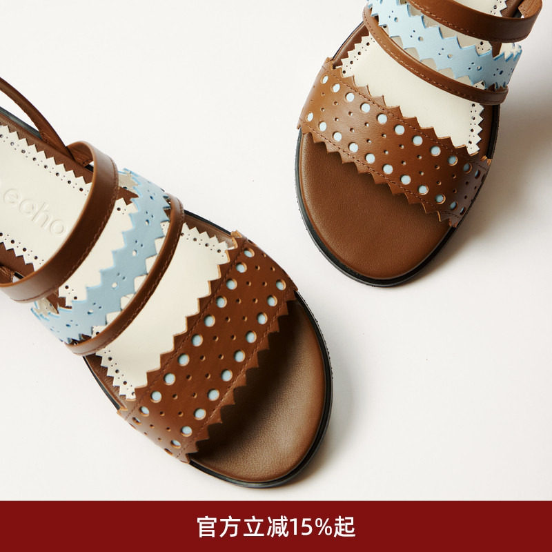 lost in echo春夏时尚复古布洛克撞色镂空多条带轻便平底