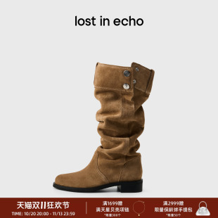 lost in echo2026秋季新款时髦仿裤筒牛皮圆头长筒堆堆骑士靴女