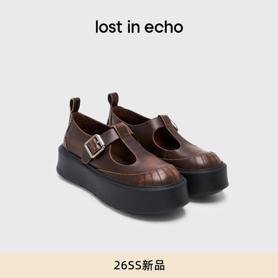 lost in echo2026春夏新款时尚复古T字带真皮厚底增高休闲玛丽珍