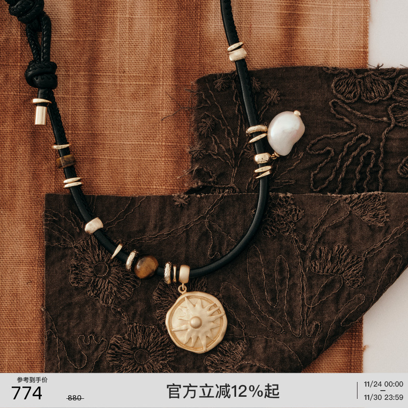 lostinecho皮绳天然珍珠毛衣链