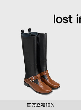 lost in echo2025冬季新款独特解构拼接布洛克芭蕾舞长靴弹力靴女