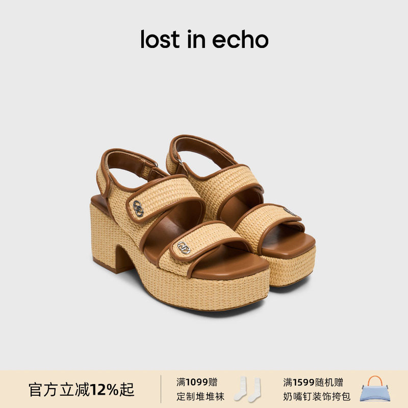 lost in echo2025年夏季新款度假风双条带草编厚底增