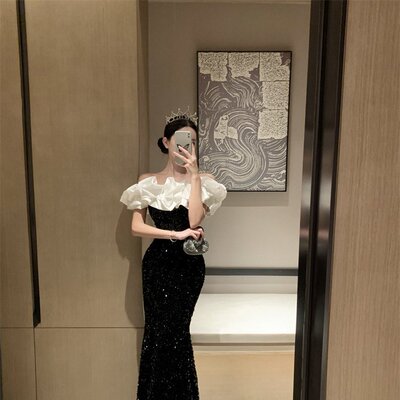 实拍实价  一字肩亮片丝绒礼服连衣裙长款