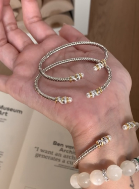 柏诗艾菲925纯银麻花珍珠开口手镯银色气质清冷感简单百搭小众