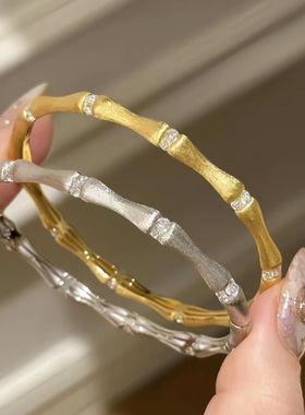 柏诗艾菲纯银镀18k黄金色拉丝竹节手镯银色镯子气质简单高级轻奢