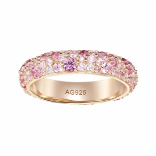 柏诗艾菲粉色花海渐变粉钻排钻925纯银镀金甜美戒指女生小众高级