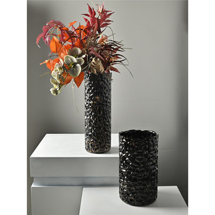 轻奢高级黑金圆形直筒琉璃花瓶别墅茶几餐桌台面装饰高大玻璃花瓶