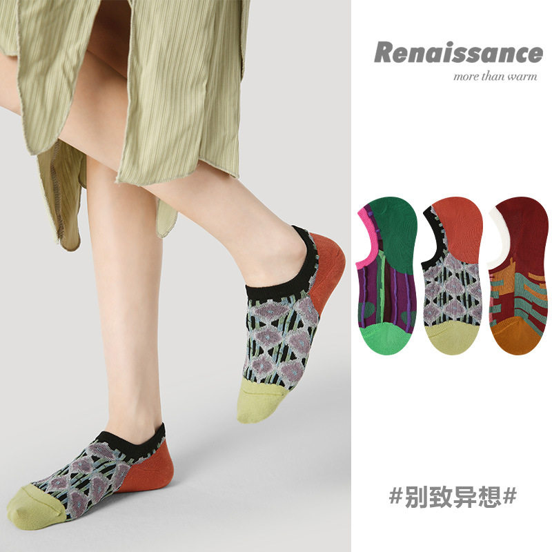 Renaissance袜子女短袜日系撞色条纹春夏船袜女不掉跟浅口隐形袜