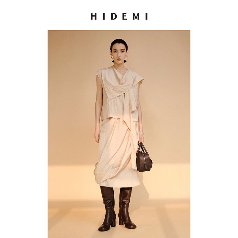 hidemi不对称丝巾设计感艺术微褶皱堆叠套装 上衣/半裙