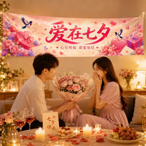 七夕情人节装饰条幅挂布商场店铺活动氛围拍照道具背景布置横幅