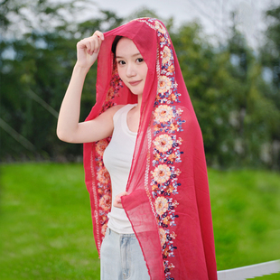 民族风棉麻红色防晒披肩女夏季云南沙漠旅游海边沙滩丝巾薄款围巾