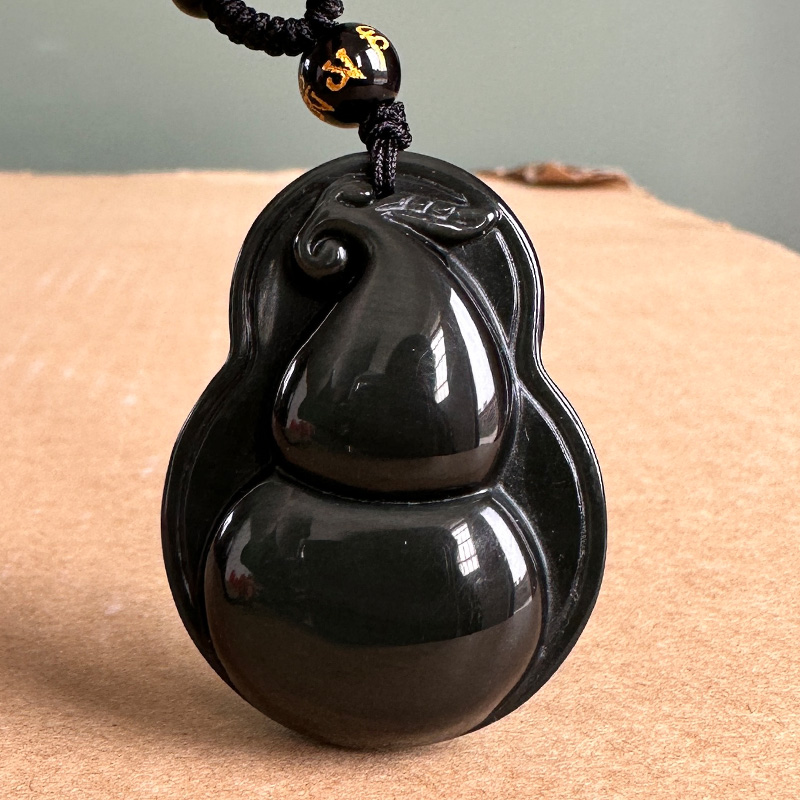 真品黑曜石树叶葫芦吊坠男女守财纳福禄双全多子多福长辈礼物挂件