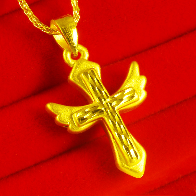 黄金套链9999足金项链纯金吊坠女款天使翅膀十字架坠子送妈妈