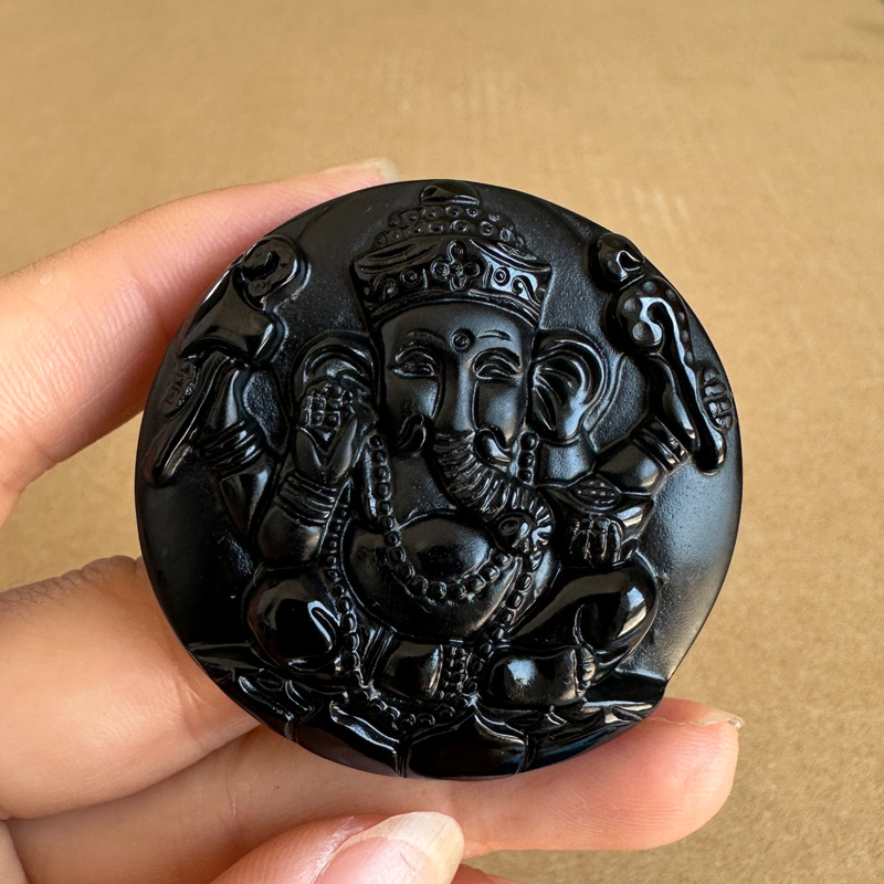 正宗黑曜石象神吊坠 男女生肖属相随身圆型万象更新气象非凡挂件