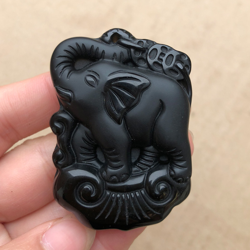 天然黑曜石吉象如意吊坠男女款万象更新玉挂件吉祥大象