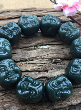 新疆和田青玉手串 罗汉手串双面工艺佛头手链 青玉手链男款送证书