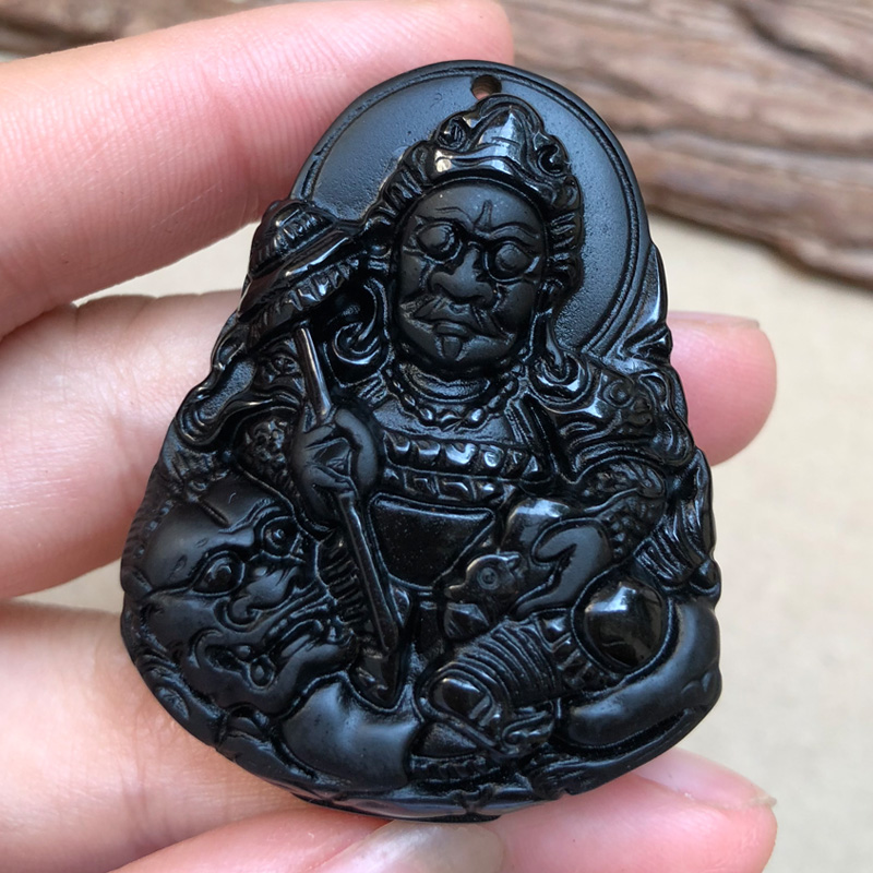 天然黑曜石大黑天财神项链 男女款玉石黑黄财神玉佩骑龙财神证书