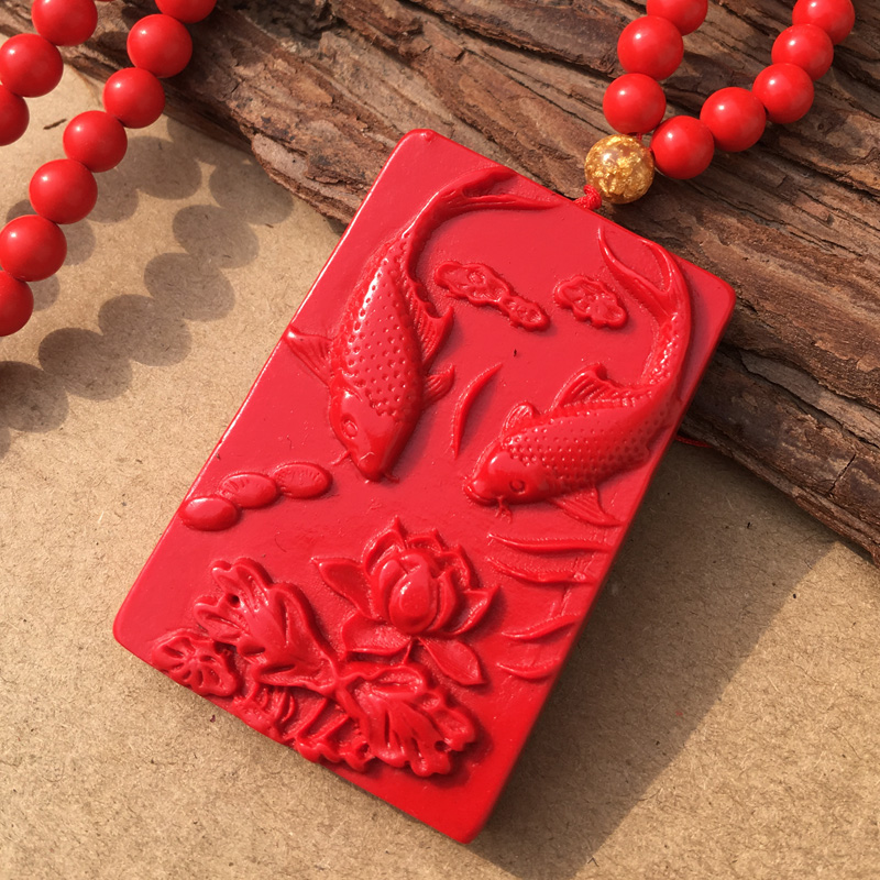 原色朱砂红连年有余吊坠中国红双鱼吉祥如意莲花鱼挂件结婚嫁妆用