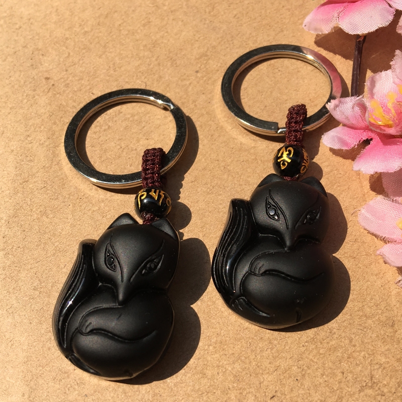 黑曜石黑狐匙扣吊坠 桃花小狐聚缘脱单人缘男女钥匙扣随身戴