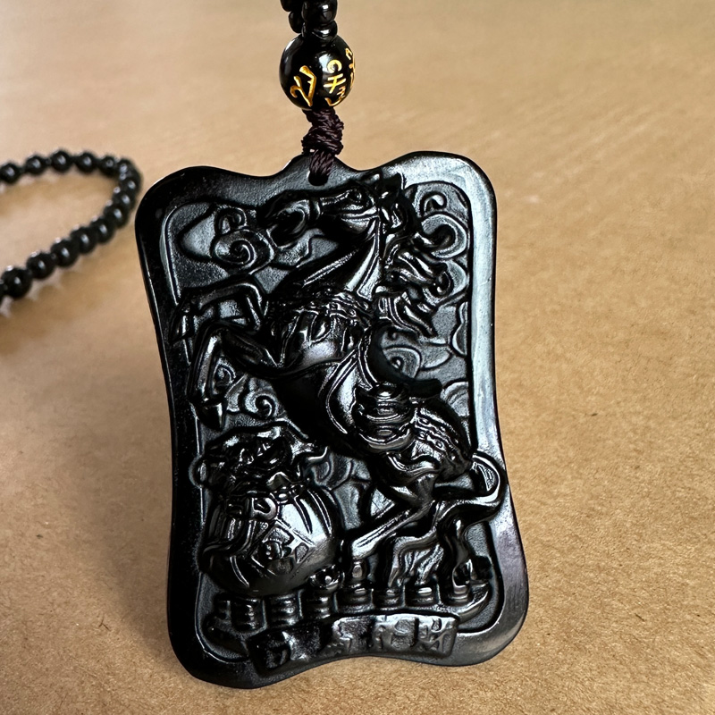 正宗黑曜石立马发财吊坠男女生肖元宝马到成功马踏聚宝盆挂件礼物