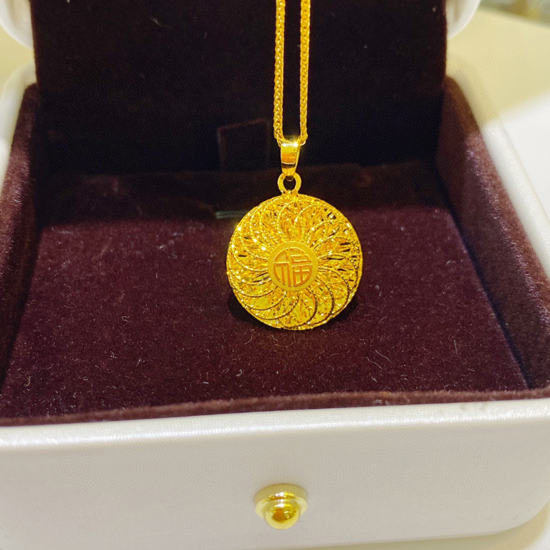 5G黄金镂空花丝福字圆牌吊坠999足金福满一生平安扣项链挂坠礼物