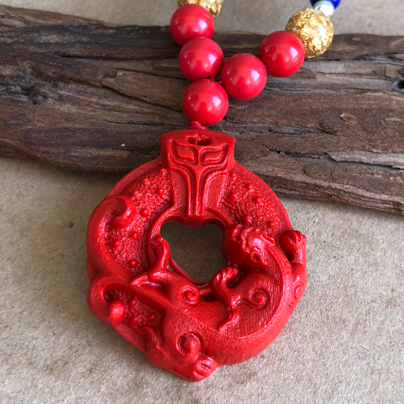 朱砂五行补火古貔貅兽项链 男女缺金旺运麒麟献宝圆牌吊坠挂件