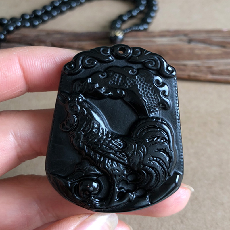 黑曜石公鸡项链十二生肖鸡化不利情侣吊坠财喜东来不动尊挂件证书