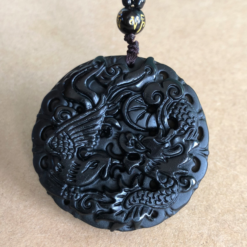天然黑曜石龙凤玉佩玉石项链吊坠毛衣链情侣圆牌挂件男女龙凤证书