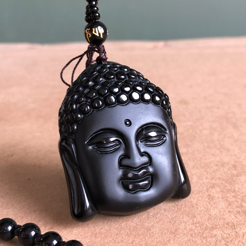 黑曜石释迦摩尼佛像挂件男女随身本命年平安护身如来佛玉项链证书