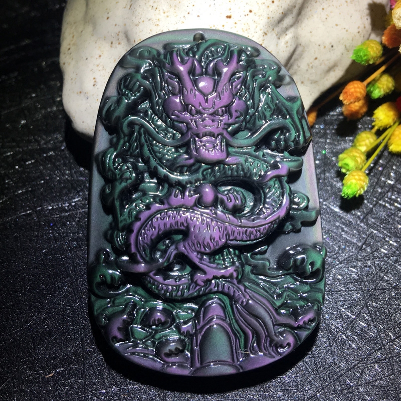 天然黑曜石龙牌挂件 男女天然冰种彩虹眼黑曜石属相龙玉佩 送证书