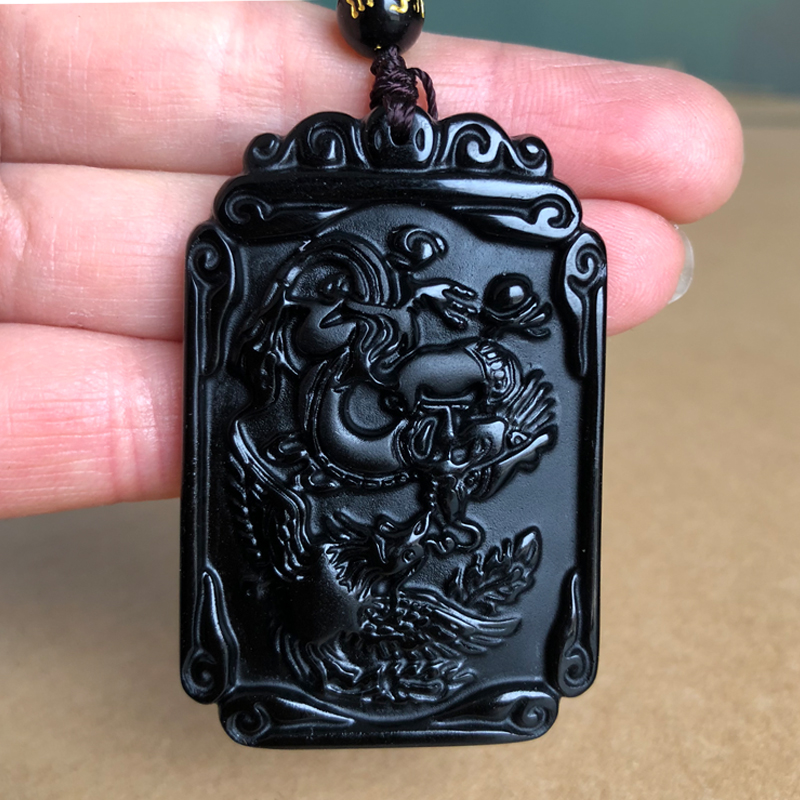 正宗黑曜石龙凤呈祥挂件男女结婚礼物方款上龙下凤吊坠吉祥物牌子