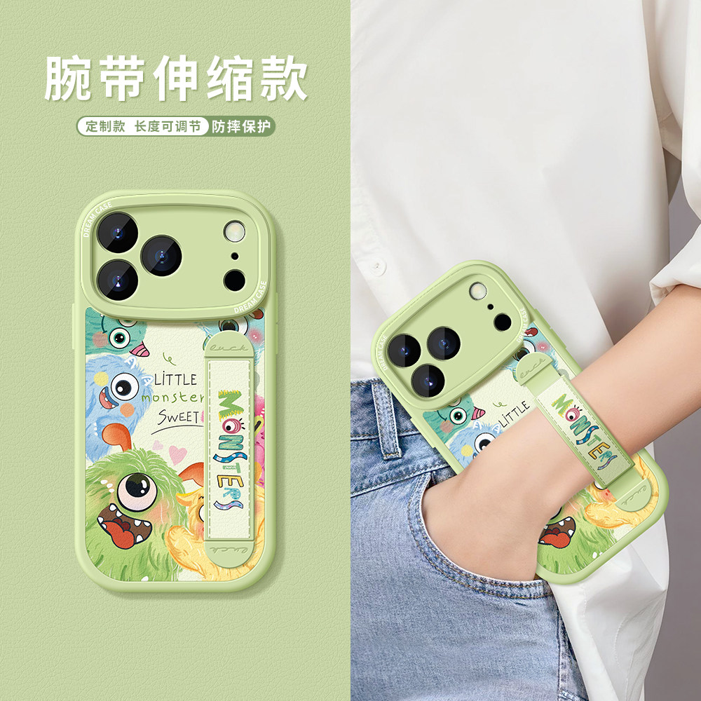 适用苹果17promax手机壳腕带iPhone15pro保护套新款ip16硅胶支架14plus防摔12mini全包ip13pro卡通小怪兽外壳
